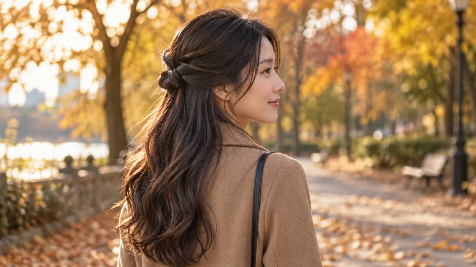 Long dark hair styled in a simple half-up twist in an autumn park
