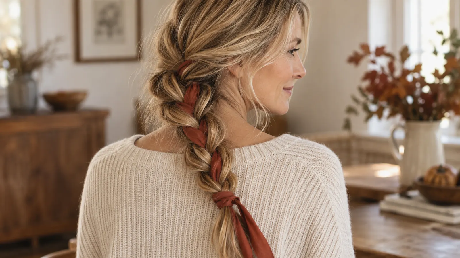 Loose blonde braid woven with a narrow rust-colored scarf