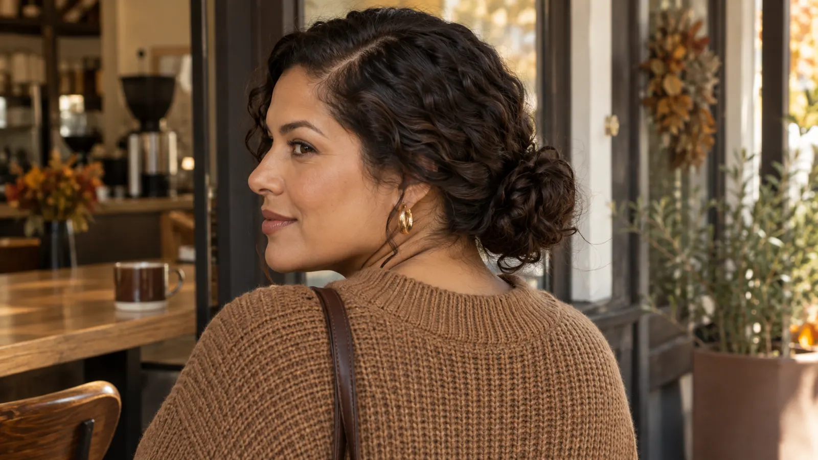 Dark curly hair gathered into a relaxed textured low bun